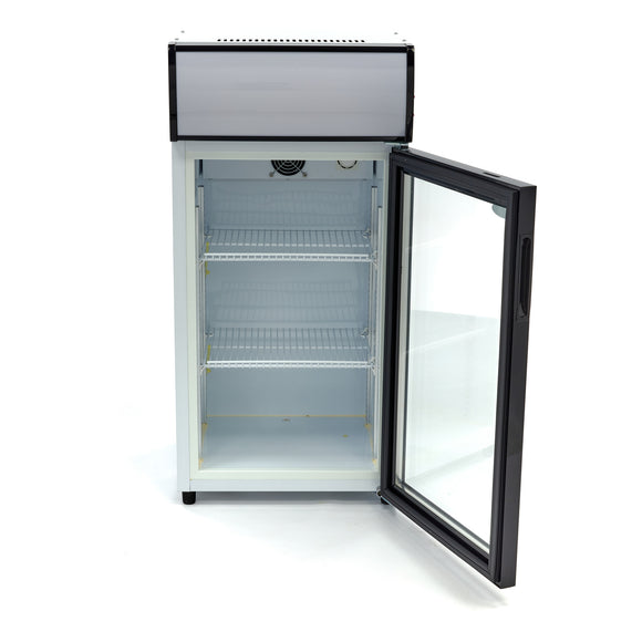 Vitrina refrigerata 0C 10C, 80 Litri, cu caseta luminoasa, 2 grilaje, racire ventilata