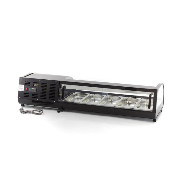Vitrina refrigerata pentru sushi tapas, 0C 12C, cu 5 cuve GN 13, iluminare LED, racire statica