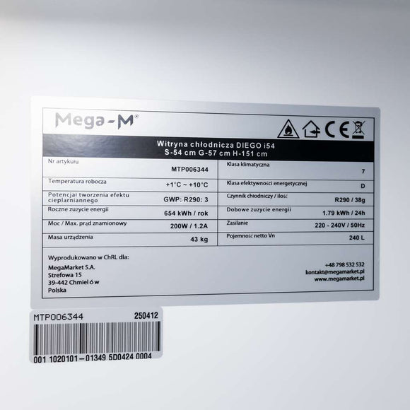 Vitrina frigorifica 1 usa 240L DIEGO i54 iluminare LED
