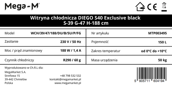 Vitrina frigorifica 1-usa 150L DIEGO S40 Exclusive black iluminare LED