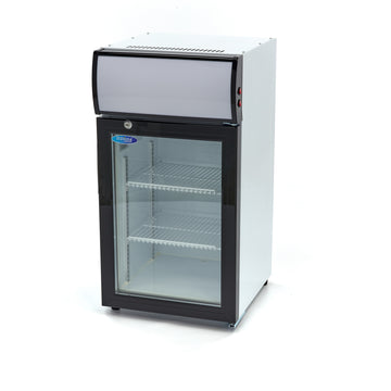 Vitrina refrigerata 0C 10C, 50 Litri, cu caseta luminoasa, 2 grilaje, racire ventilata