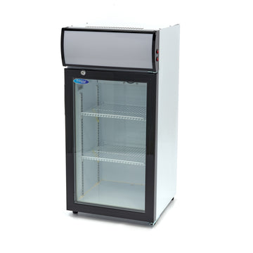 Vitrina refrigerata 0C 10C, 80 Litri, cu caseta luminoasa, 2 grilaje, racire ventilata