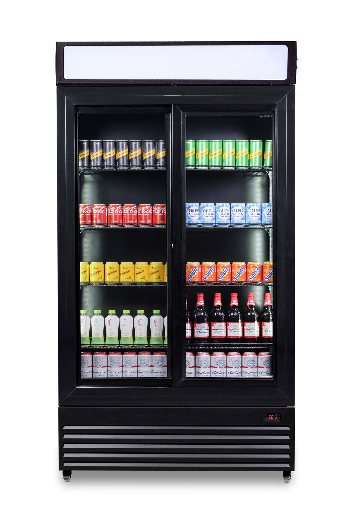Vitrina frigorifica verticala, 780 Litri, racire ventilata, iluminare LED, culoare neagra, 2 usi culisante