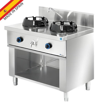 Wok asiatic cu 2 arzatoare, 2 x 21 kW, cu 1 robinet apa, baza deschisa, 100 cm Wok asiatic profesional cu 2