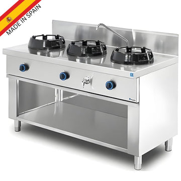 Wok asiatic cu 3 arzatoare, 3 x 21 kW, cu 1 robinet apa, baza deschisa, 150 cm Wok asiatic profesional cu 3
