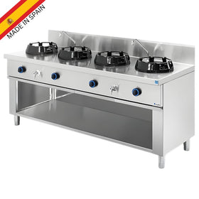 Wok asiatic cu 4 arzatoare, 4 x 21 kW, cu 2 robineti apa, baza deschisa, 200 cm Wok asiatic profesional cu 4