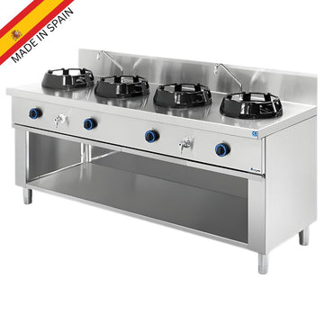 Wok asiatic cu 4 arzatoare, 4 x 21 kW, cu 2 robineti apa, baza deschisa, 200 cm Wok asiatic profesional cu 4