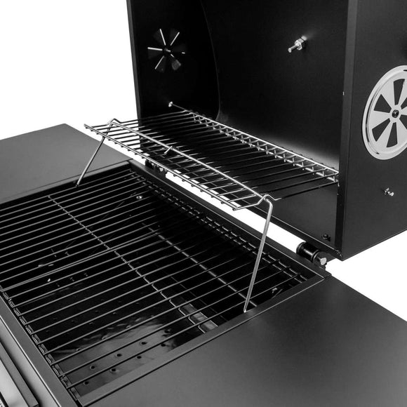 Grill de gradina pe carbune cu capac si gratar emailat 2x masuta laterala 42x30 cm