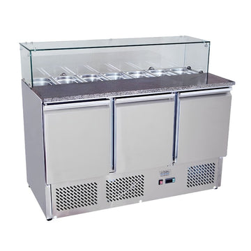 Masa Frigorifica pentru Pizza Hurakan +2...+8 °C, 402 L, 3 usi, cu vitrina ingrediente sticla