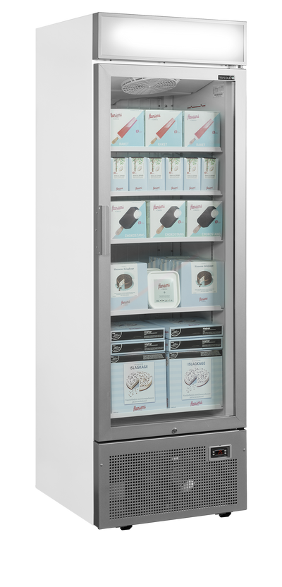 UFSC1450GCP NF Silver-Otel vopsit alb, 440 l, -22 la -12, 1 ușă din sticlă cu închidere automată și încălzire, Ventilat, LED, 700 W, C - 0