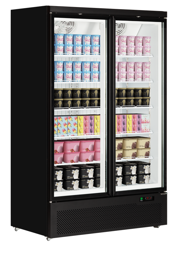 Atom Maxi F2DB-Negru RAL9005, 702 l, -18 to -22, 2 usi din sticla cu balama, Ventilat, LED, 1205 W, D