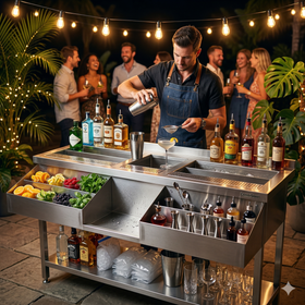 Cockatil bar station inox, 2 cuve de gheata divizate, 1 spalator, 160 cm latime
