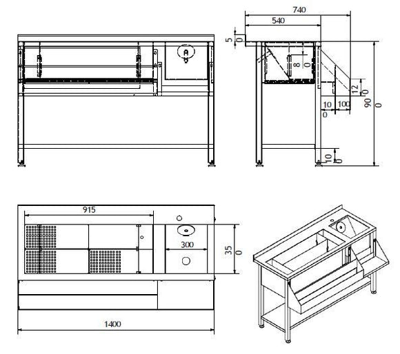 Cocktail bar station inox, 140 cm, cuva gheata, speed rack dublu, cuva spalare