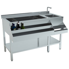 Cocktail bar station inox, 140 cm, cuva gheata, speed rack dublu, cuva spalare