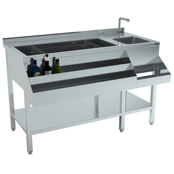 Cocktail bar station inox, 140 cm, cuva gheata, speed rack dublu, cuva spalare