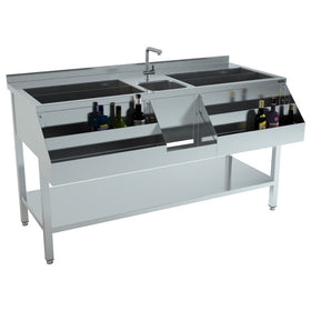 Cocktail bar station inox, 160 cm, cuva gheata, speed rack dublu, cuva spalare