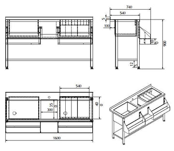 Cocktail bar station inox, 160 cm, cuva gheata, speed rack dublu, cuva spalare Latime mm 1600 Adancime mm