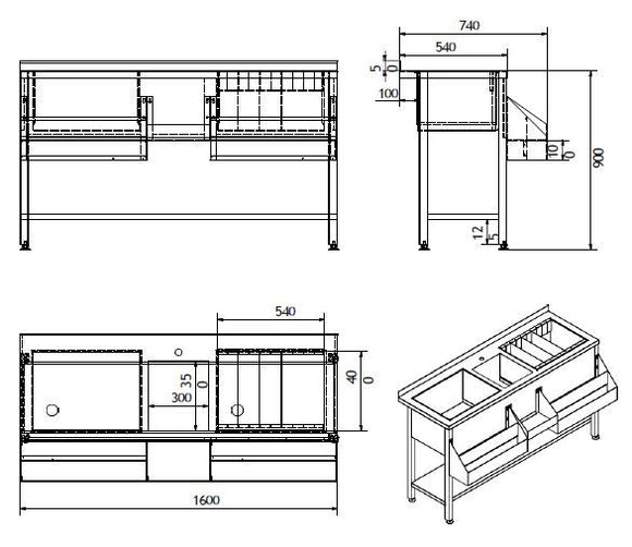 Cocktail bar station inox, 160 cm, cuva gheata, speed rack dublu, cuva spalare