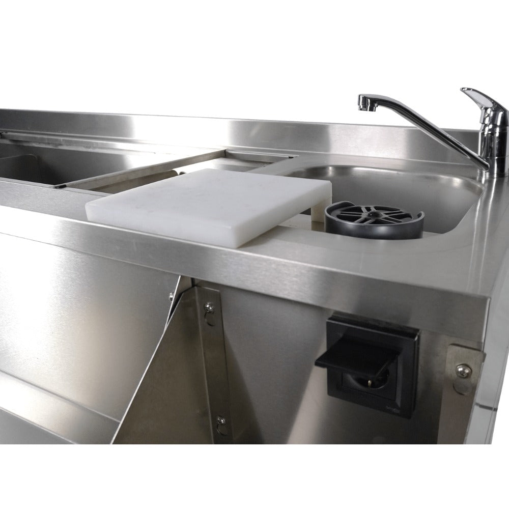 Cocktail bar station inox, refrigerat cu 2 usi, 130 cm, cuva gheata, speed rack, cuva spalare, suport blender