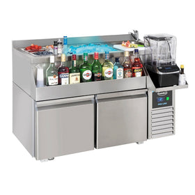 Cocktail bar station inox, refrigerat cu 2 usi, 130 cm, cuva gheata, speed rack, cuva spalare, suport blender