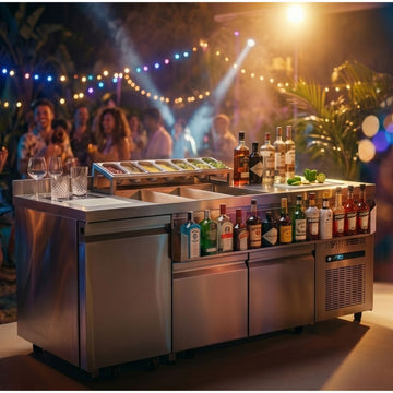 Statie cocktail bar inox, baza refrigerata, spalator + clatitor pahare, cuva divizata pentru gheata, speed rack, cuva ingrediente, tocator si pubela