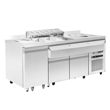Statie cocktail bar inox, baza refrigerata, spalator + clatitor pahare, cuva divizata pentru gheata, speed rack, cuva ingrediente, tocator si pubela - 0