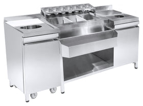 Bar cocktail station cu cuva gheata, spalator pahare, chiuveta, speed rack, tocator si pubela, 7 cuve GN 1/9, latime 180 cm