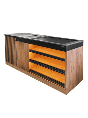 Tejghea pentru casa de marcat Mega-M 200x65xH92 cm stejar kraft, cu banda transportoare automata si rafturi iluminate