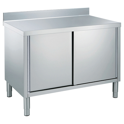 Masa inox tip dulap, 1400 x 700 x H850 mm. cu usi culisante si inaltator la perete