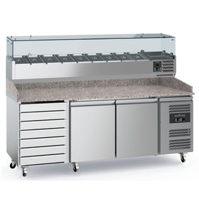 Masa refrigerata preparare pizza cu 2 usi + 7 sertare, cu vitrina de ingrediente refrigerata cu 9 cuve GN 1/3