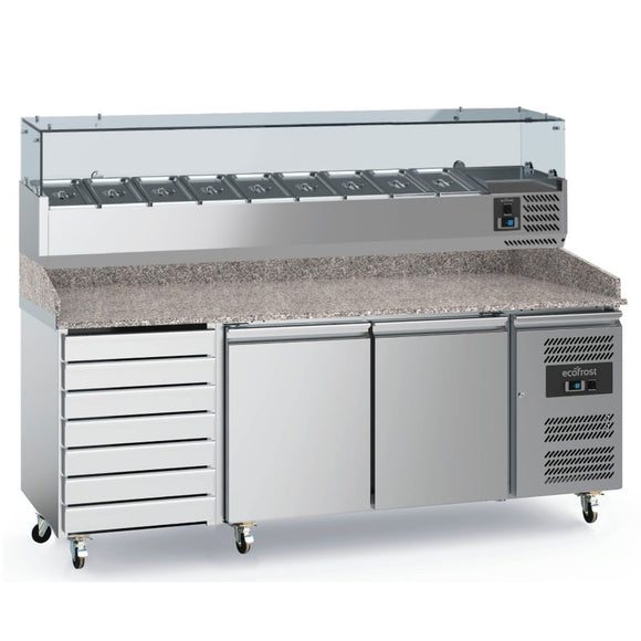 Masa refrigerata preparare pizza cu 2 usi + 7 sertare, cu vitrina de ingrediente refrigerata cu 9 cuve GN 1/3
