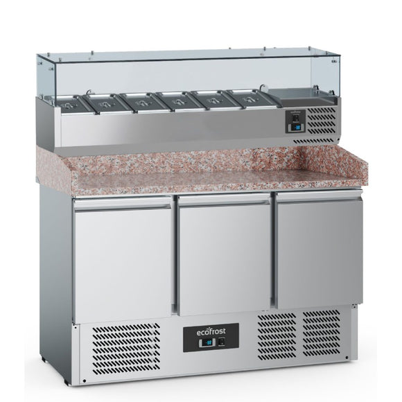 Masa refrigerata preparare pizza cu 3 usi, cu vitrina de ingrediente refrigerata cu 6 cuve GN 1/3