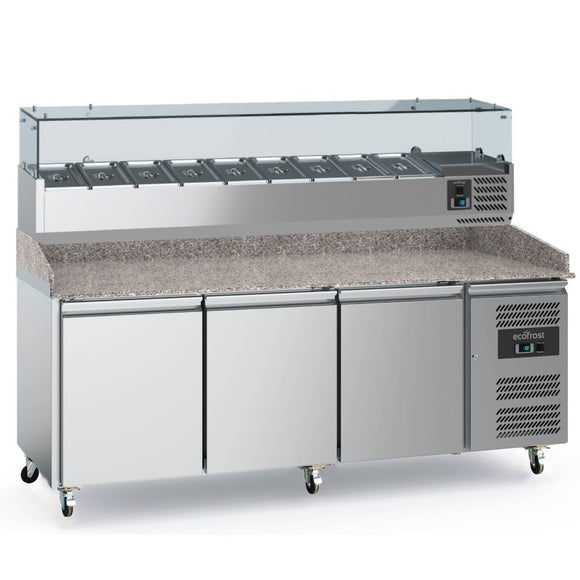 Masa refrigerata preparare pizza cu 3 usi, cu vitrina de ingrediente refrigerata cu 9 cuve GN 1/3