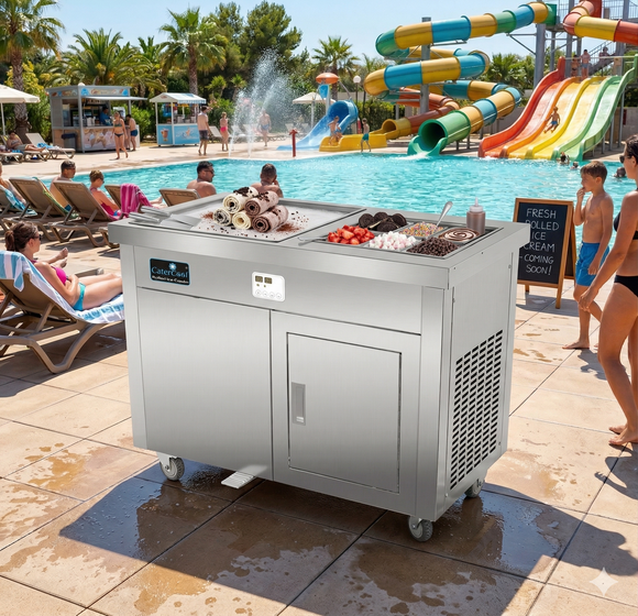 Masina de inghetata thailandeza cu plita refrigerata 50x50 cm si dulap depozitare refrigerata
