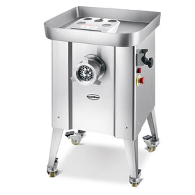 Masina de tocat carne nr 32, 500 kg/h. inox, cu functie revers, 4 site Ø: 3, 5, 9, 16 mm, alimentare 400 V cu roti