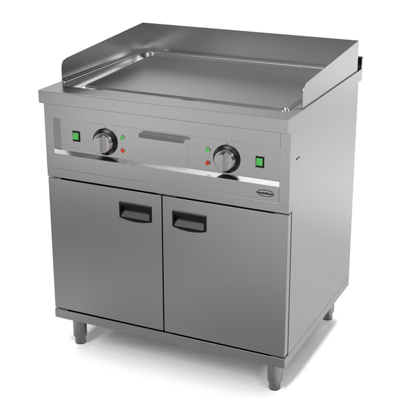 Plita fry-top electrica, neted, zona de coacere cromat, baza cu dulap inchis, 8.10 kW