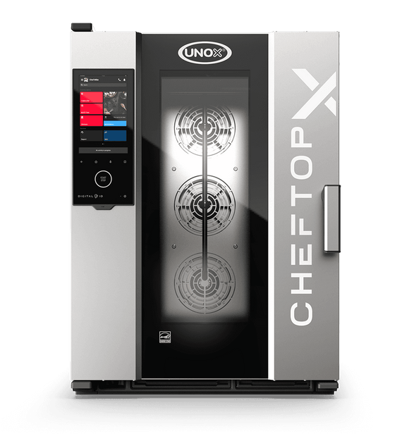 Cuptor UNOX pentru bucătărie CHEFTOP-X 10 tăvi GN 1/1 alimentare electrică comenzi digitale Digital.ID — balama dreapta cu Ethernet și colectare grăsime