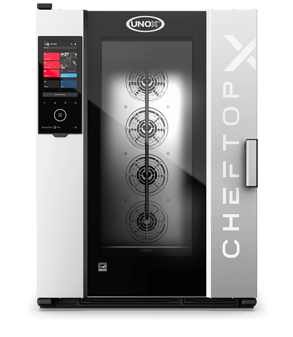 Cuptor UNOX pentru bucătărie CHEFTOP-X 10 tăvi GN 2/1 alimentare electrică comenzi digitale Digital.ID — balama dreapta cu Ethernet și colectare grăsime