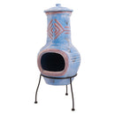 Semineu de gradina din lut RedFire Colima, albastru cu modele rosii, cu capac, pe suport metalic
