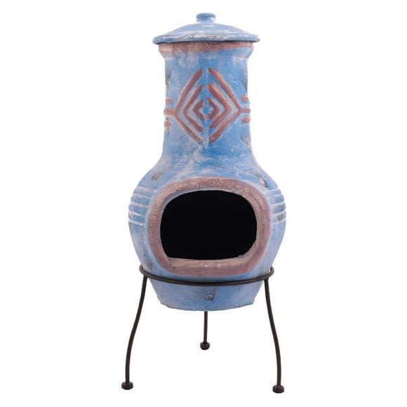 Semineu din lut RedFire Colima albastru cu decor rosu, pe suport metalic negru