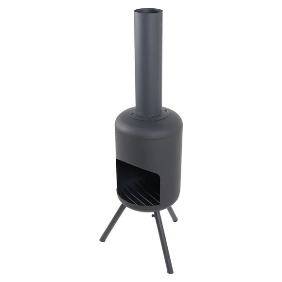 Semineu RedFire Fuego Small negru, vazut din lateral, cu camera de foc si trei picioare