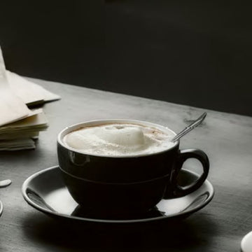 Set 6 cesti negre cappuccino 280 ml. Ø10,5 cm cu farfurioara Ø15,5 cm, portelan horeca
