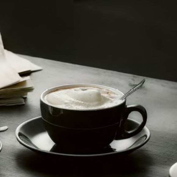 Set 6 cesti negre cappuccino 200 ml. Ø9,5 cm cu farfurioara Ø15,5 cm, portelan horeca