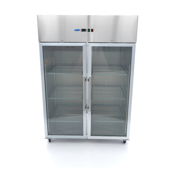 Frigider inox cu 2 usi sticla, 0/+8 °C, 1200 Litri, GN 2/1, agent frigorific ecologic R290 - clasa energetica C