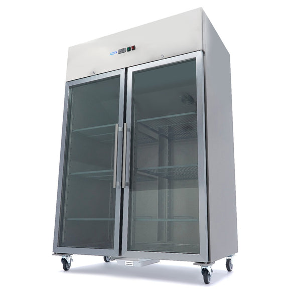 Frigider inox cu 2 usi sticla, 0/+8 °C, 1200 Litri, GN 2/1, agent frigorific ecologic R290 - clasa energetica C