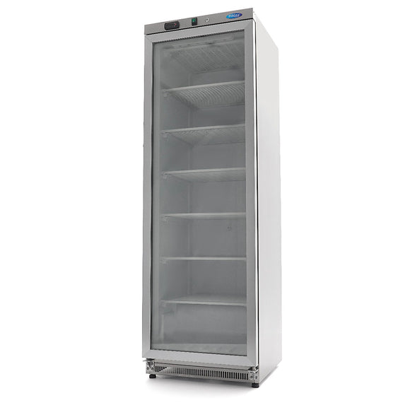 Congelator vertical cu usa sticla, -18°C / -22°C, exterior inox, racire statica, 6 polite fixe, 400 litri