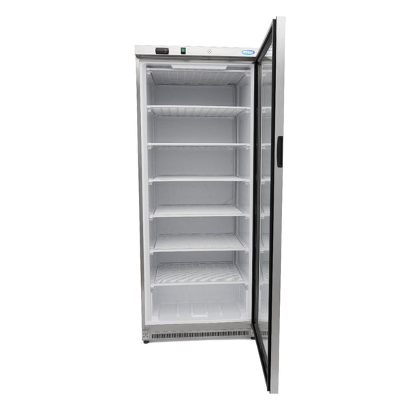 Congelator vertical cu usa sticla, -18°C / -22°C, exterior inox, racire statica, 6 polite fixe, 600 litri