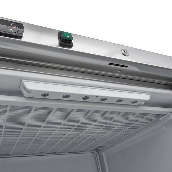 Congelator vertical cu usa sticla, -18°C / -22°C, exterior inox, racire statica, 6 polite fixe, 600 litri