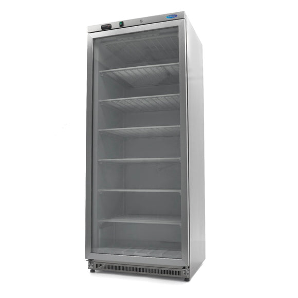 Congelator vertical cu usa sticla, -18°C / -22°C, exterior inox, racire statica, 6 polite fixe, 600 litri