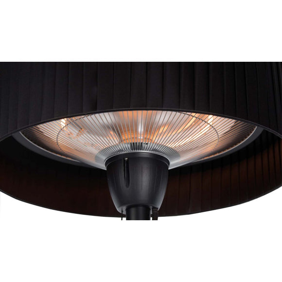 Detaliu abajur negru si element halogen aprins al incalzitorului Sunred Artix Compact
